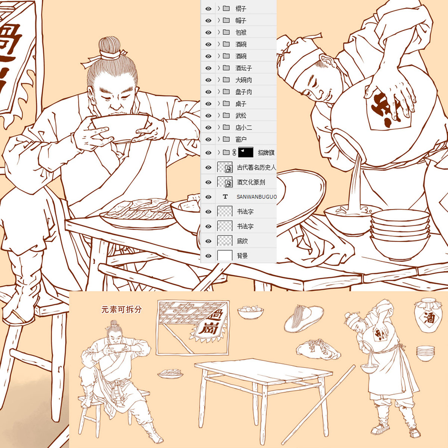 武松飲酒圖線描版