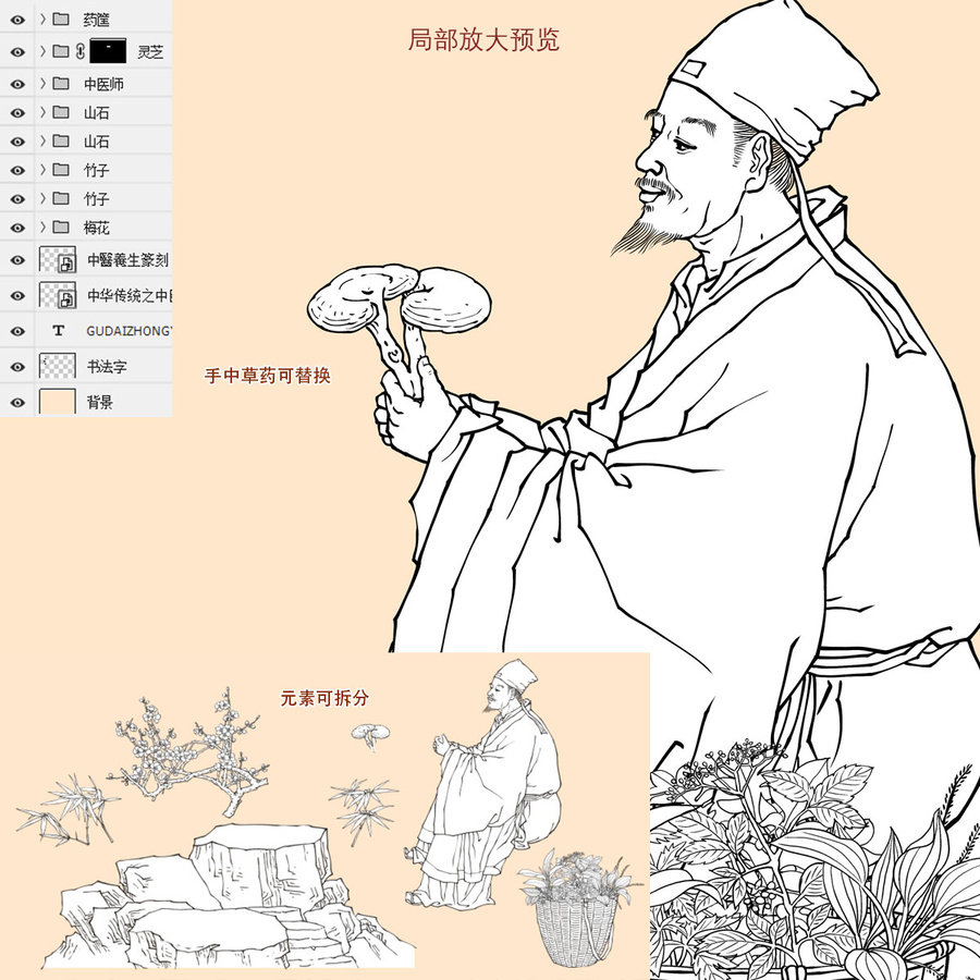 中醫(yī)師與靈芝線描版