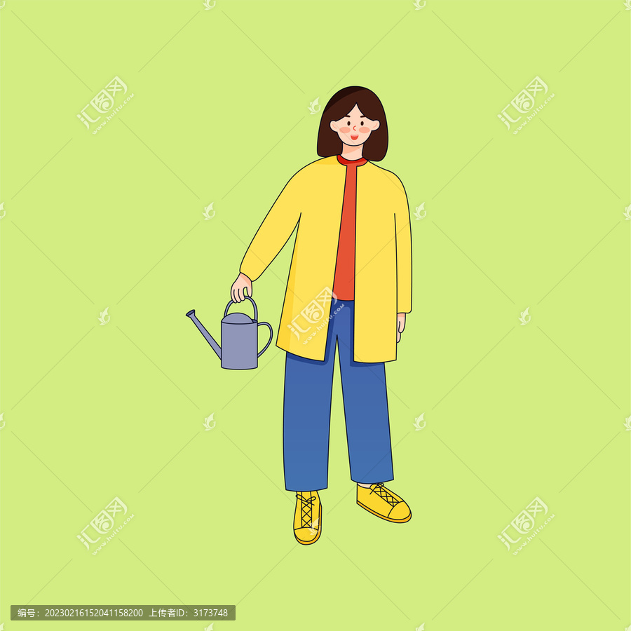 女孩澆水人物元素插畫