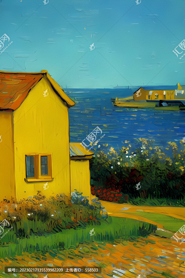 海边的房子梵高风油画
