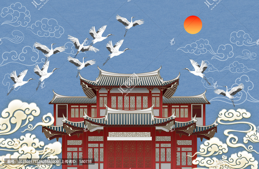 樓閣飛鶴圖