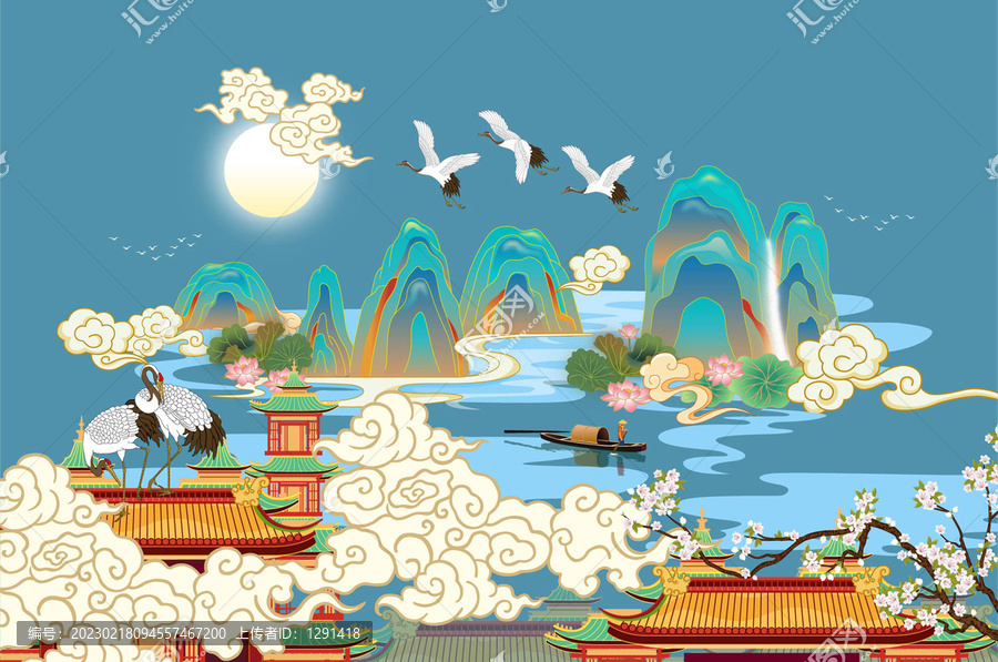 古風(fēng)樓閣瑞鶴矢量插畫