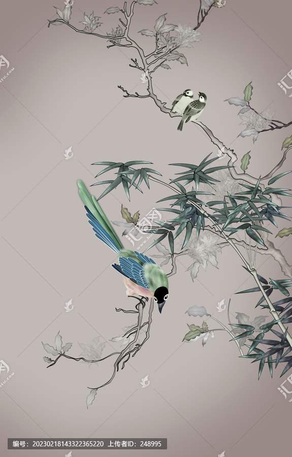 手繪竹子花鳥圖裝飾畫