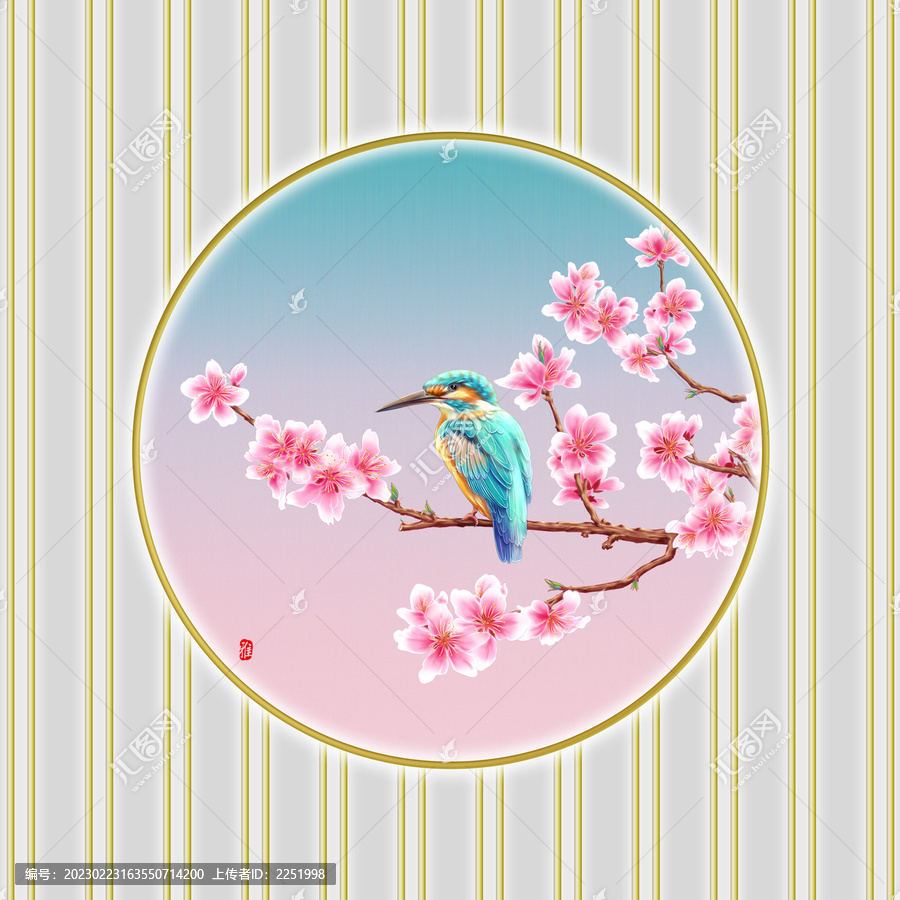 新中式桃花盛开与鸟图