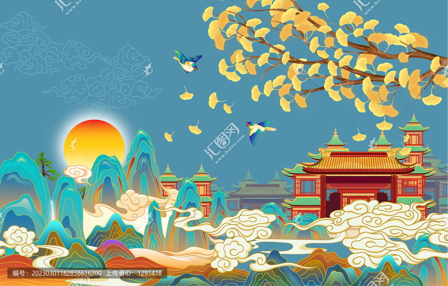 國(guó)潮樓閣亭臺(tái)山水插畫(huà)