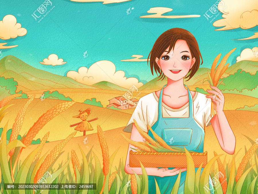 豐收小麥水稻農(nóng)家姑娘插畫
