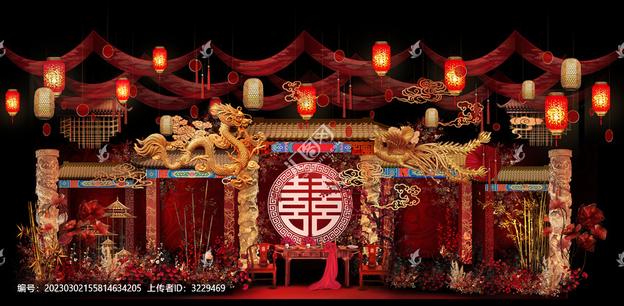 中式婚禮主背景手繪效果圖