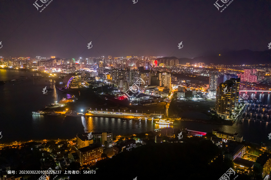 航拍三亚夜景城市建筑灯火通明