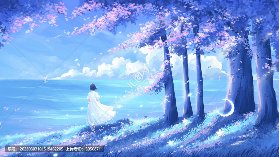 唯美夜晚少女在森林瞭望天空