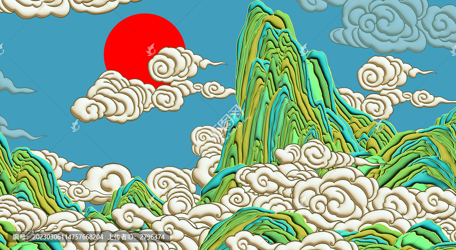 新3D山水背景墻云紋