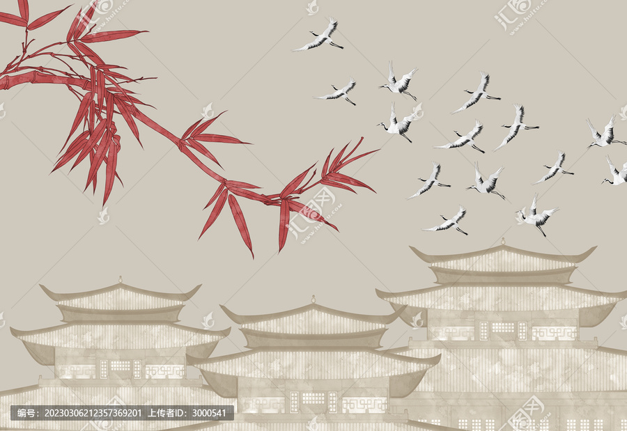 亭臺樓閣竹子仙鶴背景墻