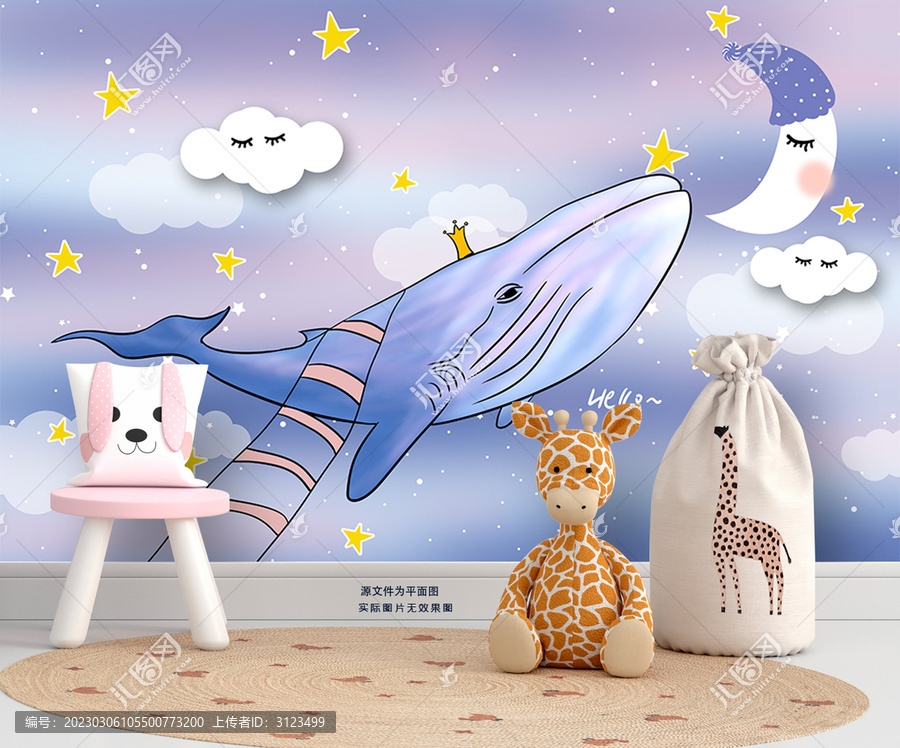 手繪鯨魚月亮兒童房背景墻