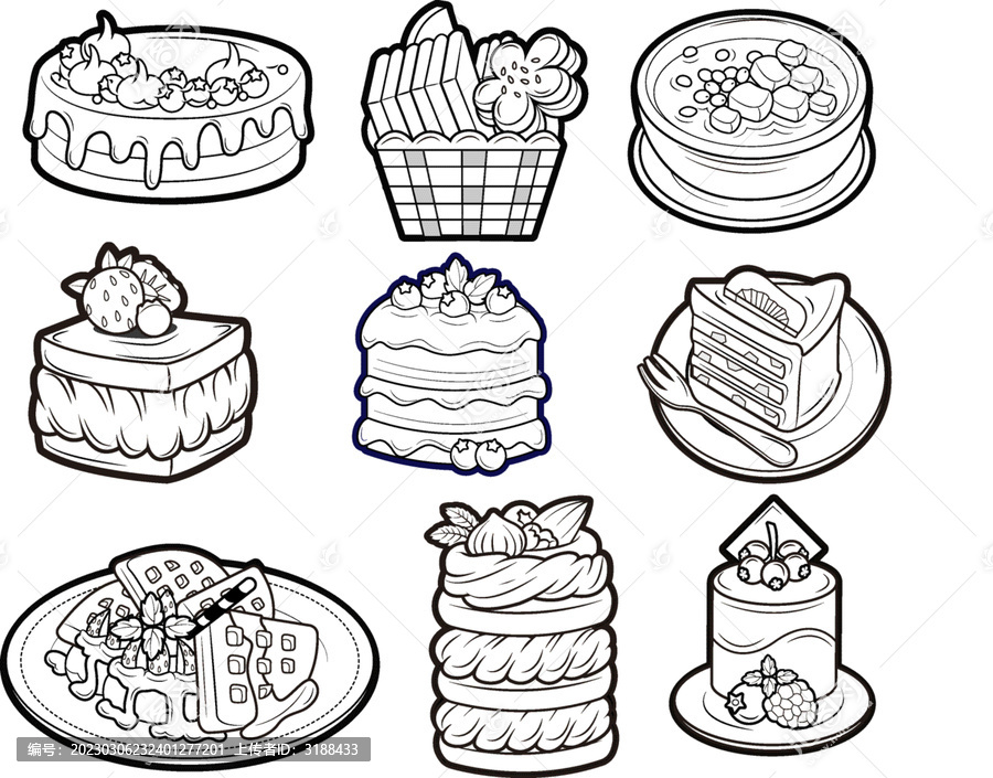 点心蛋糕饼干单色线稿矢量插画