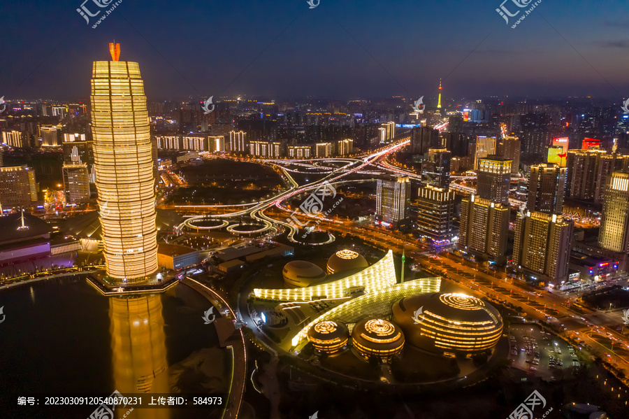 航拍郑州千玺广场大玉米楼夜景