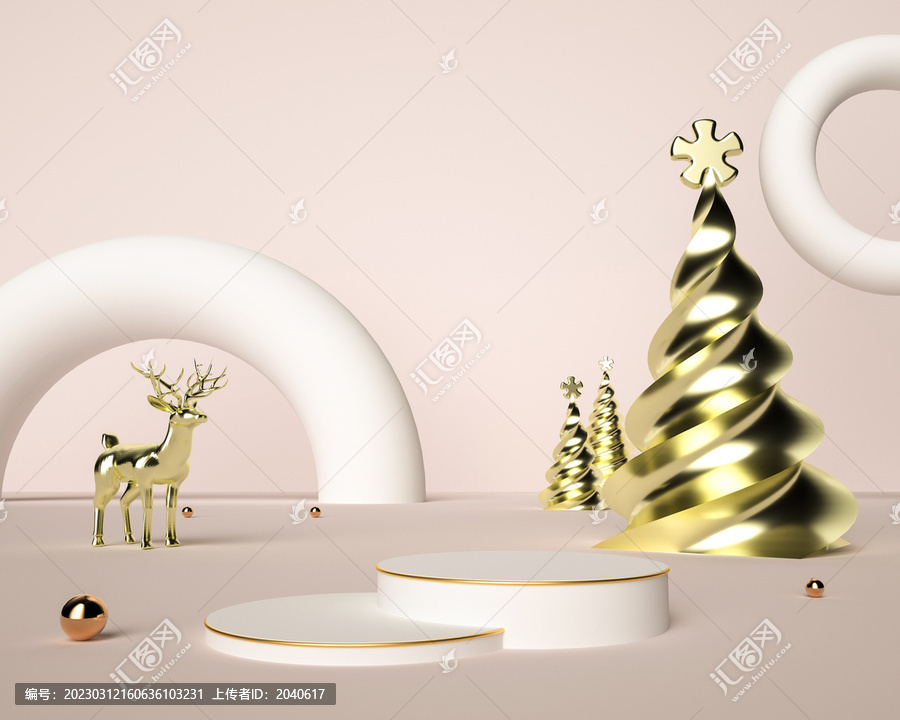 3D圣诞节金色圣诞树展台背景