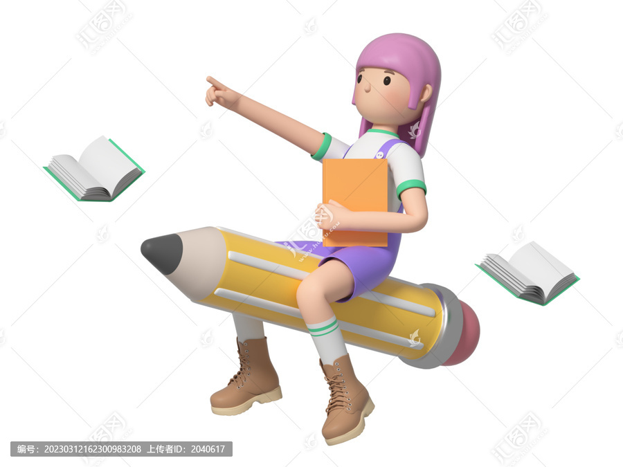 3D卡通骑着铅笔飞的儿童