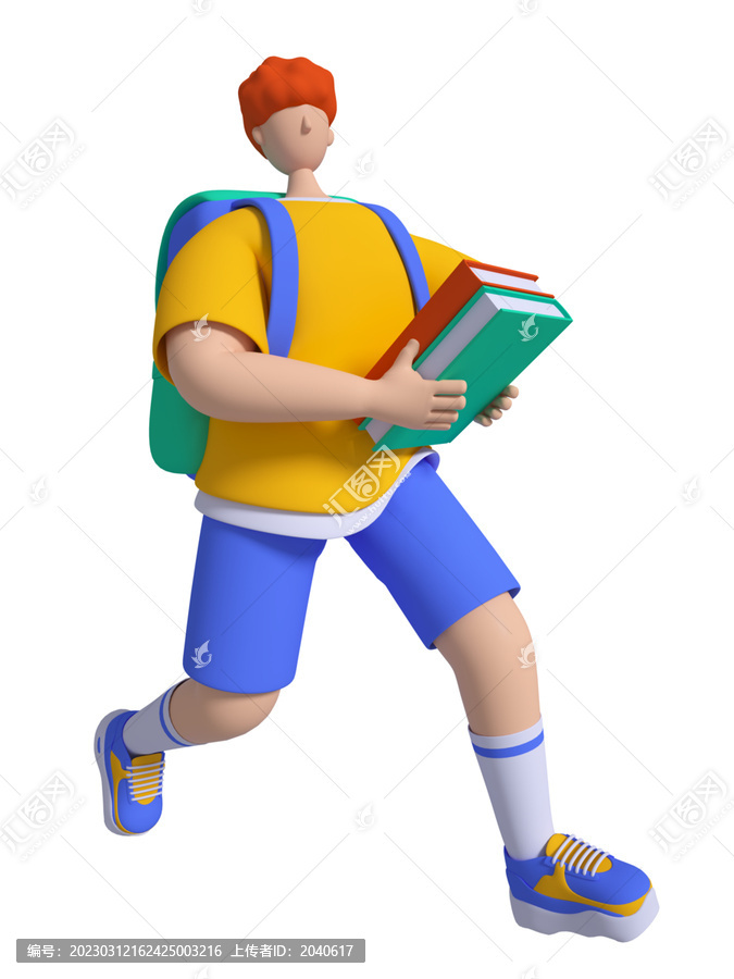 3D抱著書奔跑的卡通學(xué)生