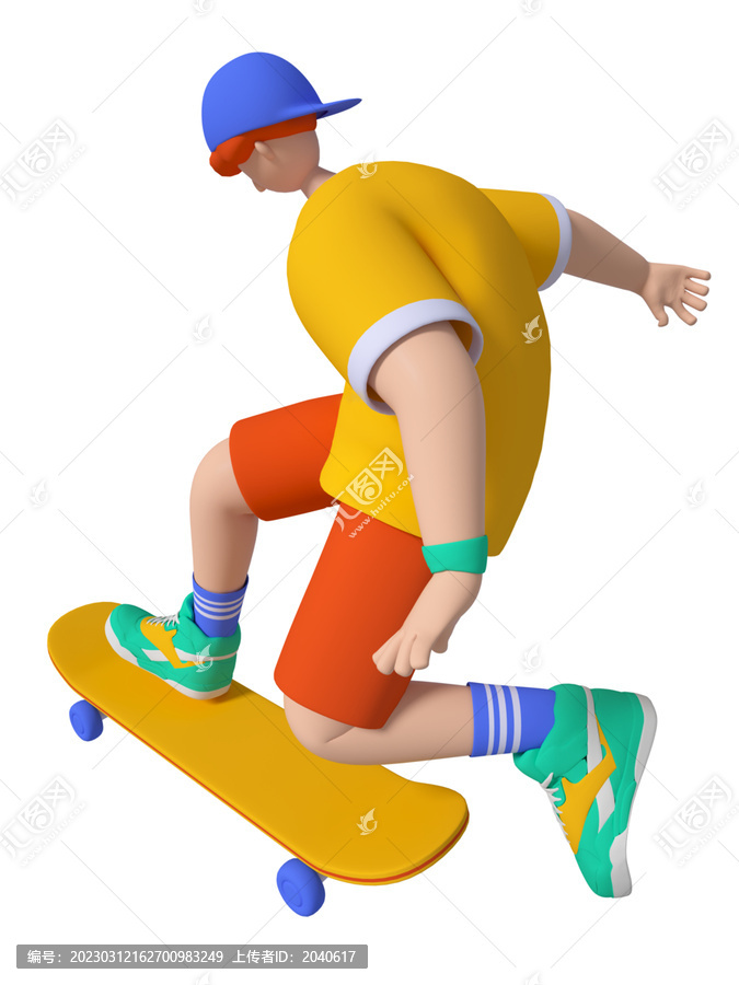 3D渲染玩滑板的卡通男孩