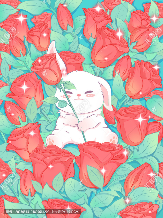 卡通玫瑰花可愛兔插畫封面圖案