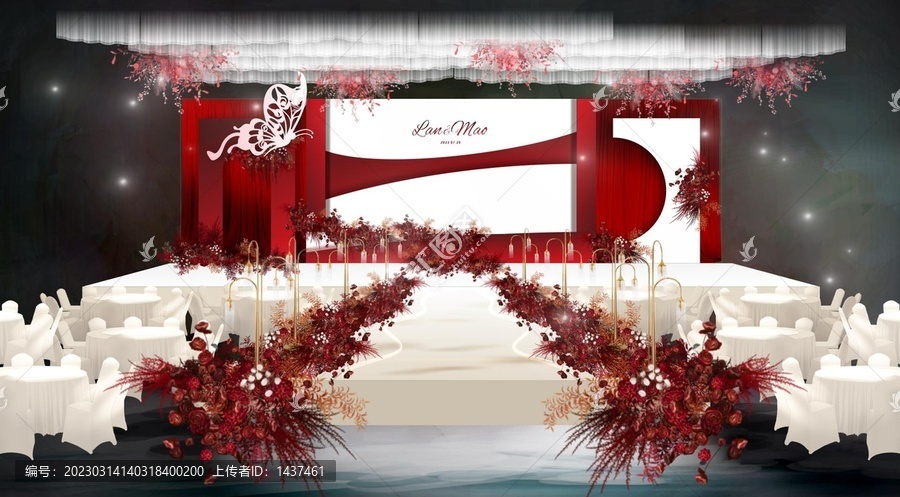 紅白色舞臺(tái)婚禮效果花藝