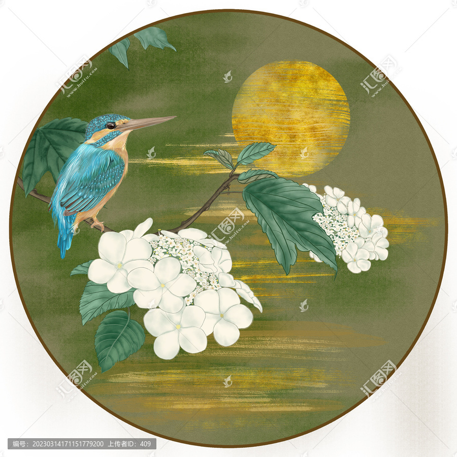 金箔瓊花翠鳥裝飾畫