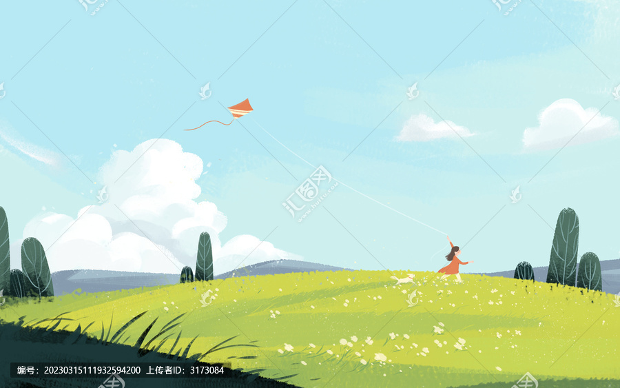 卡通插畫春天放風(fēng)箏背景素材