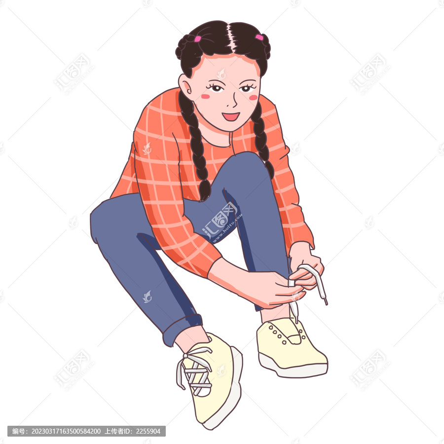 手繪卡通小孩系鞋帶免摳元素