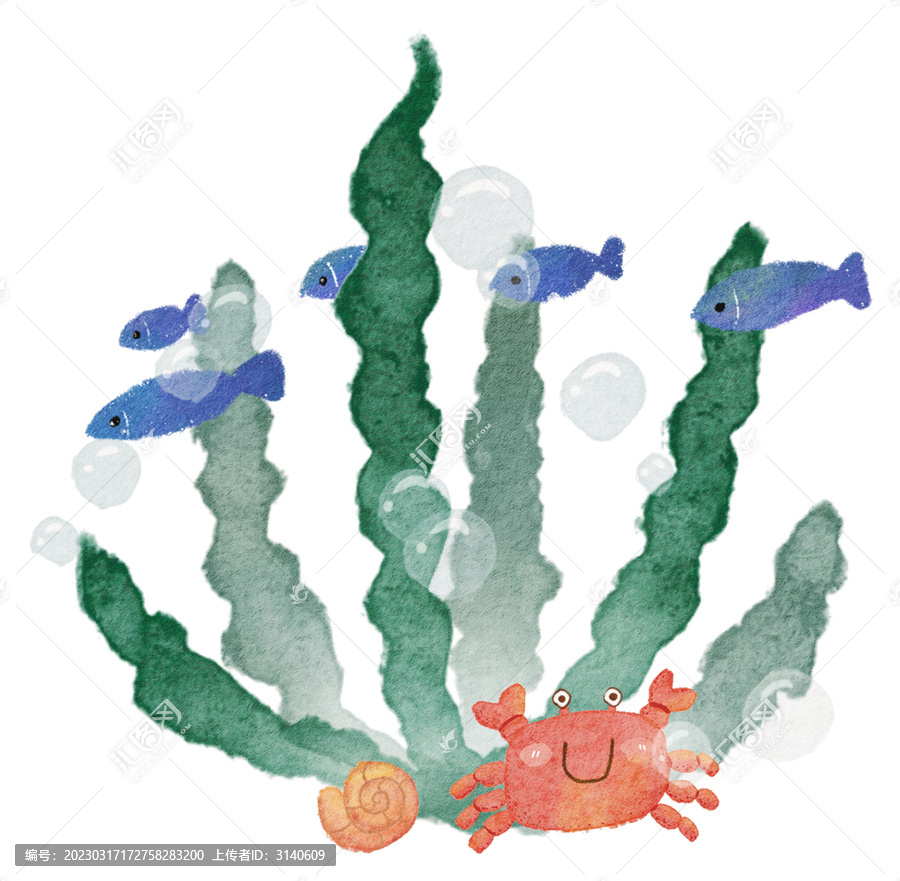 水彩風(fēng)格海洋動(dòng)物水草魚群螃蟹