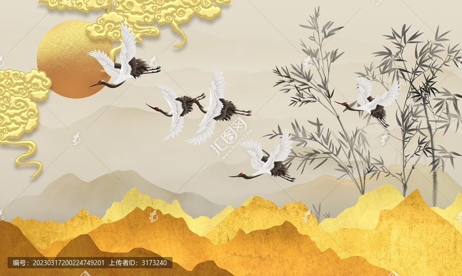 仙鶴祥云富貴竹金山圖