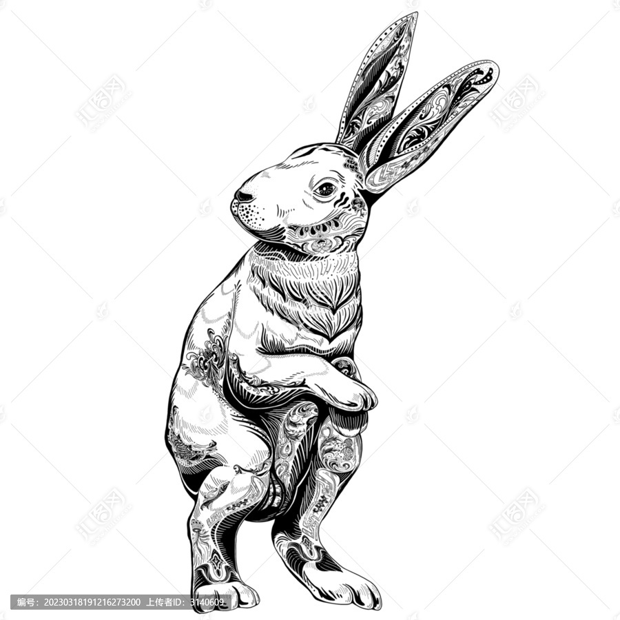 兔年線性生肖插畫黑白免扣素材