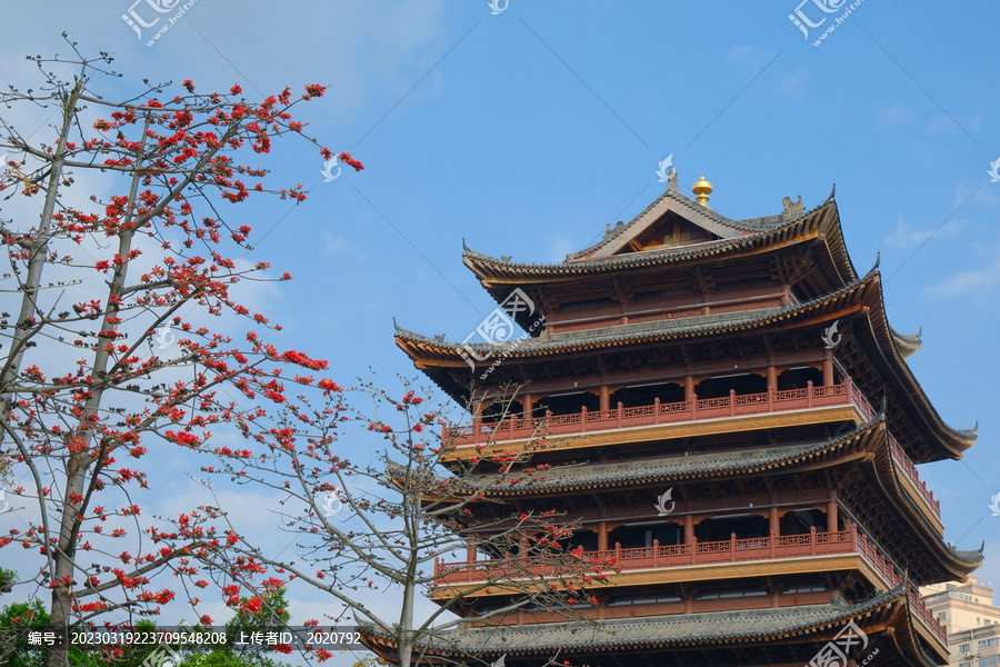 中式传统古建筑屋檐木棉花