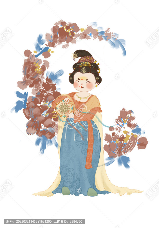 唐仕女圖Q版牡丹拿手鼓富貴