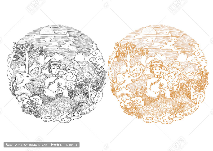 普洱茶插畫(huà)包裝設(shè)計(jì)含金色線稿