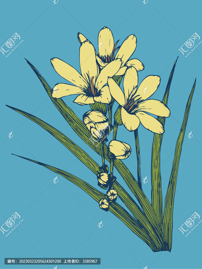 復(fù)古花園北歐藍底黃花裝飾畫
