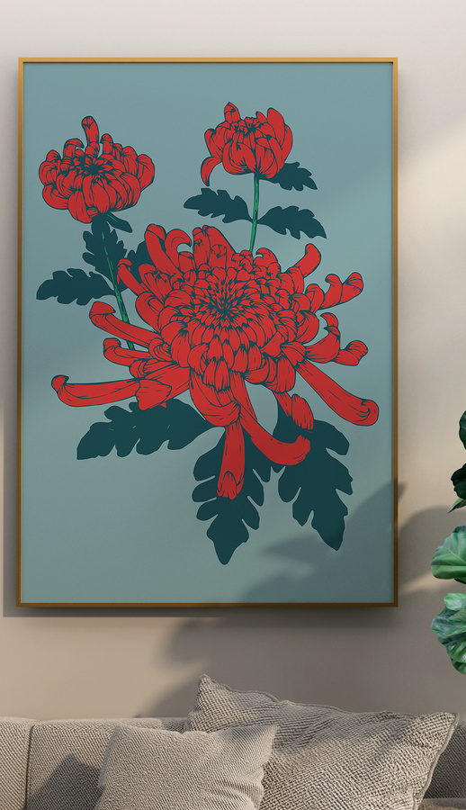 复古花园北欧红色菊花装饰画