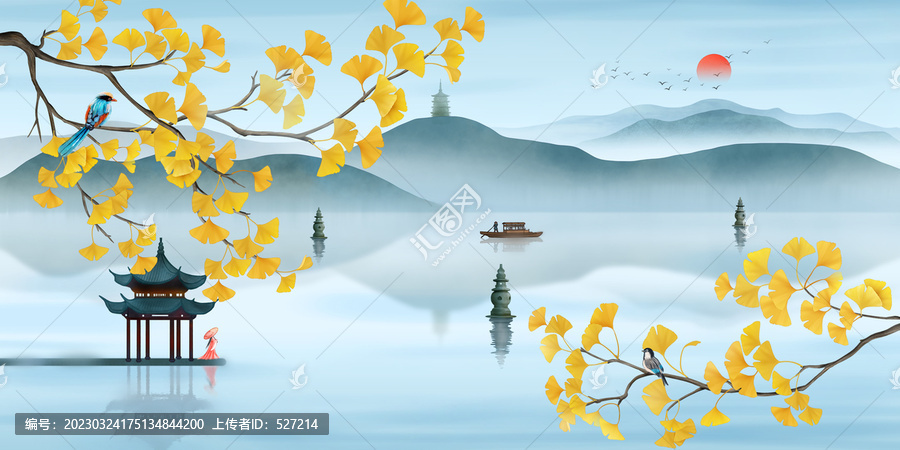 銀杏山水花鳥