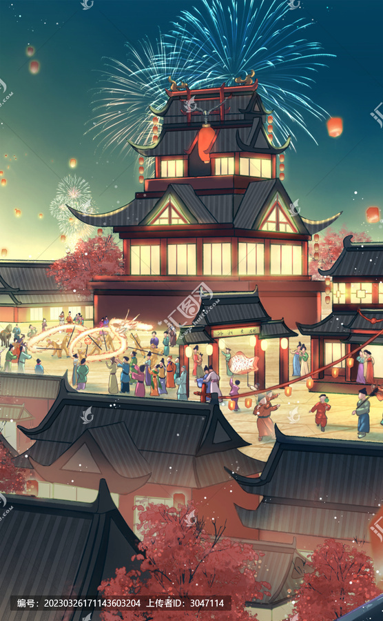 中秋春節(jié)元旦古風場景插畫海報