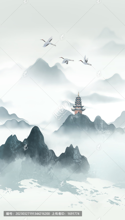仙鶴山水