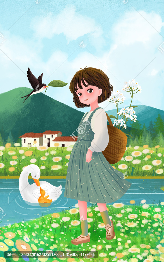 春天女孩美好時光插畫