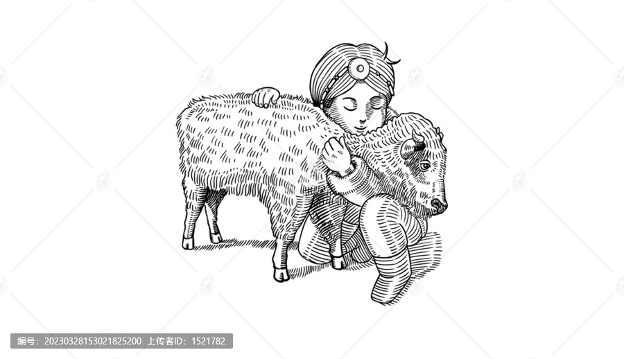 藏族小姑娘抱著牦牛單色