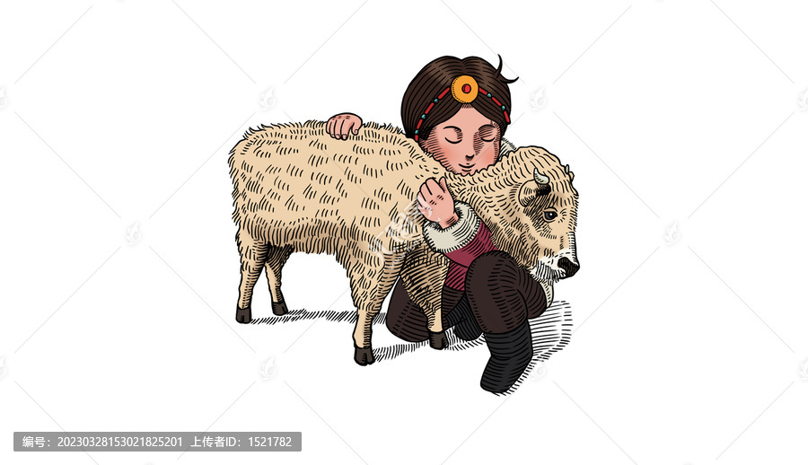 藏族小姑娘抱著牦牛