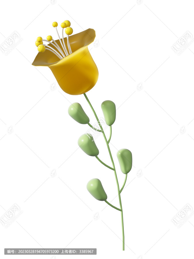 3D免抠黄色单枝玻璃质感花朵