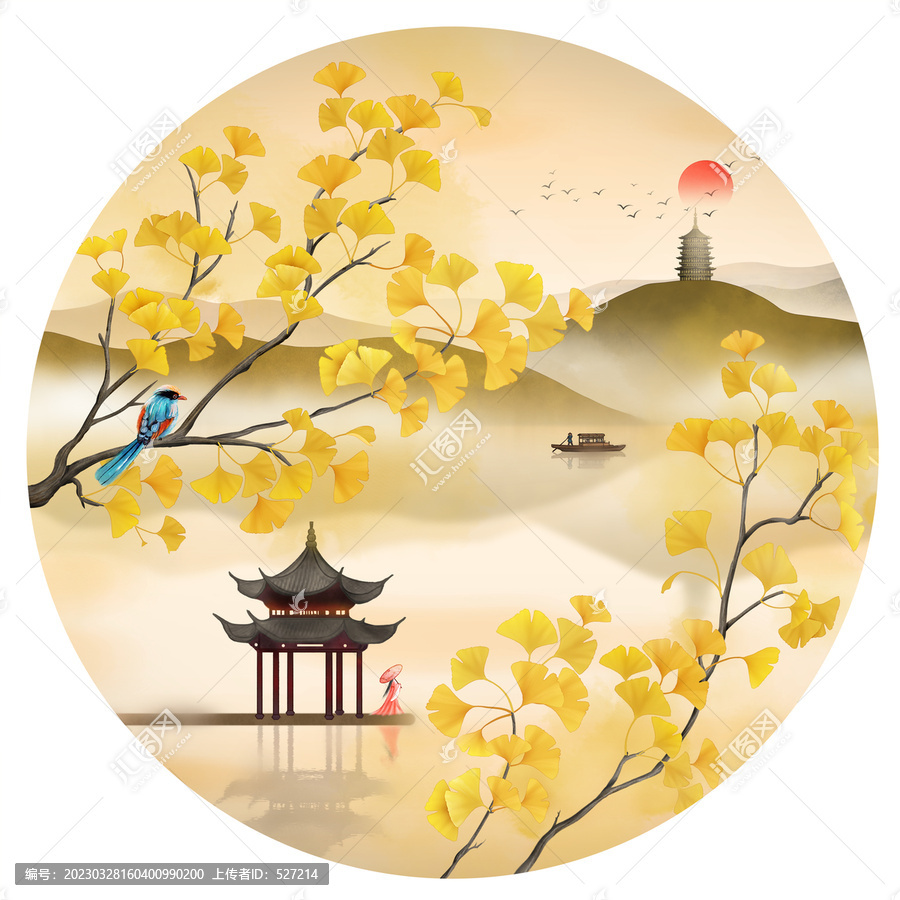 銀杏山水花鳥