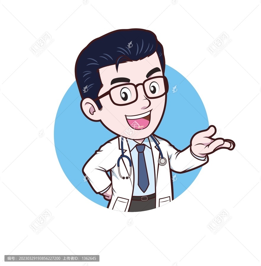 卡通中年男醫(yī)生做展示動作半身