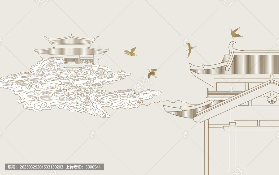 祥云仙鶴閣樓線條背景墻