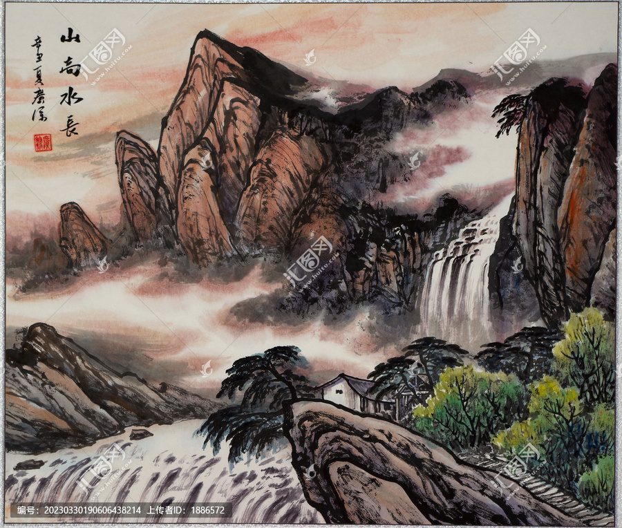 高山瀑布山水畫(huà)