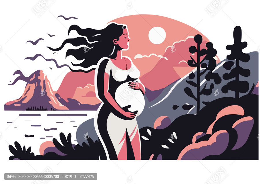 孕媽媽沙灘夕陽插畫