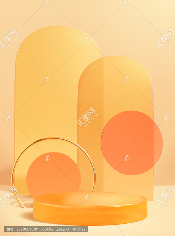 橘色拱門造型亞克力裝飾品與展示臺背景模板