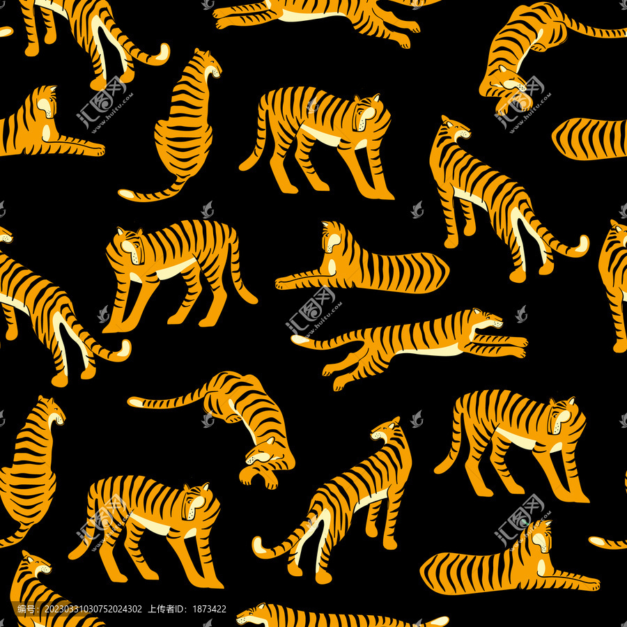 老虎不同姿态平面插图,无缝图案