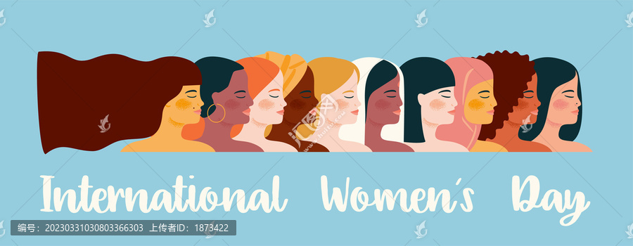 多民族女性秀發(fā)隨風(fēng)飄逸,婦女節(jié)橫幅